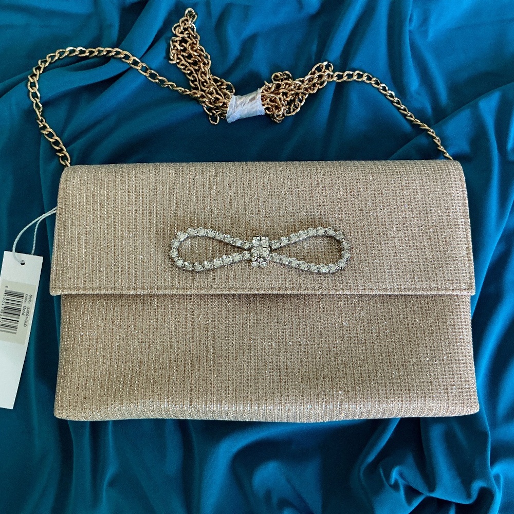 Jewel Bagley Evening Bag Clutch with Gold Chain Strap Gold Sparkle